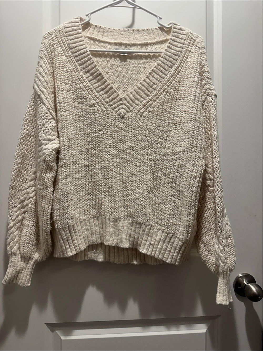 American Eagle Outfitters Cream V-Neck Cable Sleeve Sweater